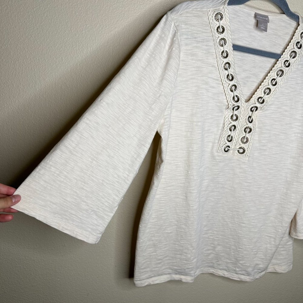 Chico's Grommet Top Boho Lagenlook Minimalist V Neck 3/4 Sleeves Lightweight L - Picture 3 of 6